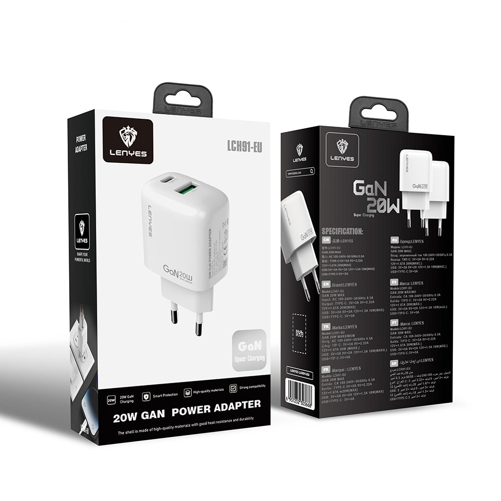 Lenyes LCH91 Type-C ve USB GaN Teknolojili PD Hızlı Şarj Özellikli Şarj Başlığı 20W Lenyes LCH91 Type-C ve USB GaN Teknolojili PD Hızlı Şarj Özellikli Şarj Başlığı 20W